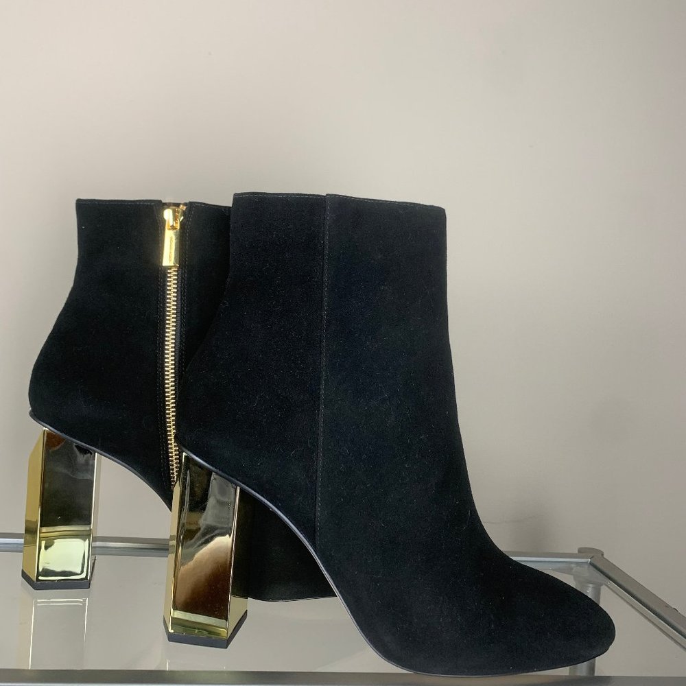 Michael Kors Black Microfiber Ankle Boots with Chunky Gold Heel NWOT - Picture 12 of 12